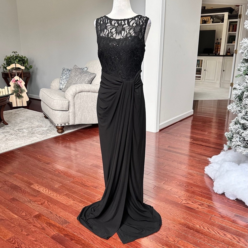 Lauren Ralph Lauren Black Lace Floral Sequin Formal Black Tie Gown Dress Small